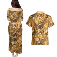 Hawaii Gold Tropical Leaves Couples Matching Puletasi and Hawaiian Shirt - Polynesian Pride