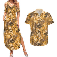 Hawaii Gold Tropical Leaves Couples Matching Summer Maxi Dress and Hawaiian Shirt - Polynesian Pride
