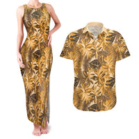 Hawaii Gold Tropical Leaves Couples Matching Tank Maxi Dress and Hawaiian Shirt - Polynesian Pride