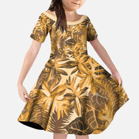 Hawaii Gold Tropical Leaves Family Matching Off The Shoulder Long Sleeve Dress and Hawaiian Shirt - Polynesian Pride