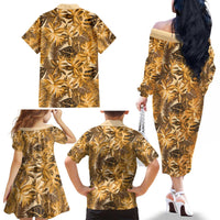 Hawaii Gold Tropical Leaves Family Matching Off The Shoulder Long Sleeve Dress and Hawaiian Shirt - Polynesian Pride