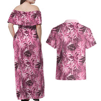 Hawaii Pink Tropical Leaves Couples Matching Off Shoulder Maxi Dress and Hawaiian Shirt - Polynesian Pride