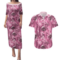Hawaii Pink Tropical Leaves Couples Matching Puletasi and Hawaiian Shirt - Polynesian Pride