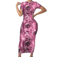 Hawaii Pink Tropical Leaves Short Sleeve Bodycon Dress - Polynesian Pride