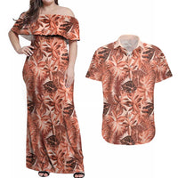 Hawaii Red Brown Tropical Leaves Couples Matching Off Shoulder Maxi Dress and Hawaiian Shirt - Polynesian Pride