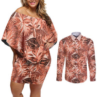 Hawaii Red Brown Tropical Leaves Couples Matching Off Shoulder Short Dress and Long Sleeve Button Shirt - Polynesian Pride