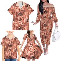 Hawaii Red Brown Tropical Leaves Family Matching Off The Shoulder Long Sleeve Dress and Hawaiian Shirt - Polynesian Pride