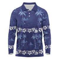 Blue Hawaii Palm Tree Hibiscus Long Sleeve Polo Shirt Fantasy Summer Vibe LT01 Blue - Polynesian Pride