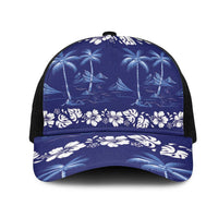 Blue Hawaii Palm Tree Hibiscus Mesh Trucker Cap Fantasy Summer Vibe