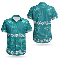Cyan Hawaii Palm Tree Hibiscus Couples Matching Off The Shoulder Long Sleeve Dress and Hawaiian Shirt Fantasy Summer Vibe LT01 - Polynesian Pride