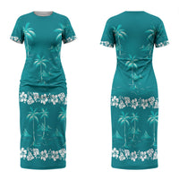 Cyan Hawaii Palm Tree Hibiscus Couples Matching Short Sleeve Bodycon Dress and Long Sleeve Button Shirt Fantasy Summer Vibe LT01 - Polynesian Pride