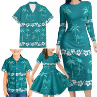 Cyan Hawaii Palm Tree Hibiscus Family Matching Long Sleeve Bodycon Dress and Hawaiian Shirt Fantasy Summer Vibe LT01 - Polynesian Pride