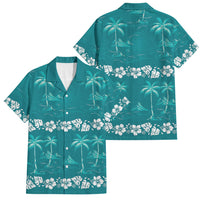 Cyan Hawaii Palm Tree Hibiscus Family Matching Off The Shoulder Long Sleeve Dress and Hawaiian Shirt Fantasy Summer Vibe LT01 Dad's Shirt - Short Sleeve Cyan - Polynesian Pride
