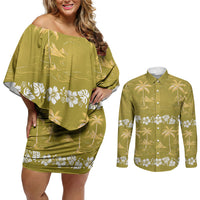 Yellow Hawaii Palm Tree Hibiscus Couples Matching Off Shoulder Short Dress and Long Sleeve Button Shirt Fantasy Summer Vibe LT01 Yellow - Polynesian Pride