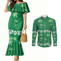 Green Hawaii Palm Tree Hibiscus Couples Matching Mermaid Dress and Long Sleeve Button Shirt Fantasy Summer Vibe LT01 Green - Polynesian Pride