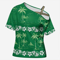 Green Hawaii Palm Tree Hibiscus Cross Shoulder Shirt Fantasy Summer Vibe LT01 Female Green - Polynesian Pride