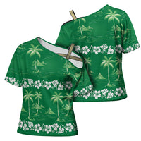 Green Hawaii Palm Tree Hibiscus Cross Shoulder Shirt Fantasy Summer Vibe LT01 - Polynesian Pride