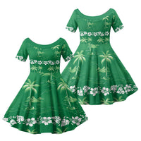 Green Hawaii Palm Tree Hibiscus Family Matching Off The Shoulder Long Sleeve Dress and Hawaiian Shirt Fantasy Summer Vibe LT01 Daughter's Dress Green - Polynesian Pride