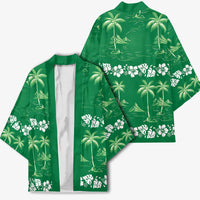 Green Hawaii Palm Tree Hibiscus Kimono Fantasy Summer Vibe LT01 - Polynesian Pride