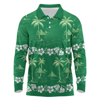 Green Hawaii Palm Tree Hibiscus Long Sleeve Polo Shirt Fantasy Summer Vibe LT01 Green - Polynesian Pride