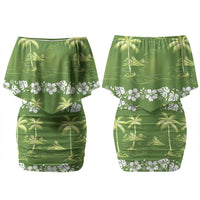 Olive Green Hawaii Palm Tree Hibiscus Couples Matching Off Shoulder Short Dress and Long Sleeve Button Shirt Fantasy Summer Vibe LT01 - Polynesian Pride