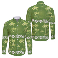 Olive Green Hawaii Palm Tree Hibiscus Family Matching Long Sleeve Bodycon Dress and Hawaiian Shirt Fantasy Summer Vibe LT01 Dad's Shirt - Long Sleeve Olive - Polynesian Pride