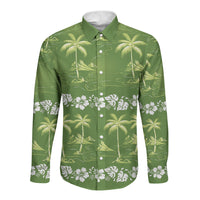 Olive Green Hawaii Palm Tree Hibiscus Long Sleeve Button Shirt Fantasy Summer Vibe LT01 Unisex Olive - Polynesian Pride