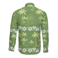 Olive Green Hawaii Palm Tree Hibiscus Long Sleeve Button Shirt Fantasy Summer Vibe LT01 - Polynesian Pride