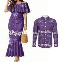 Purple Hawaii Palm Tree Hibiscus Couples Matching Mermaid Dress and Long Sleeve Button Shirt Fantasy Summer Vibe LT01 Purple - Polynesian Pride