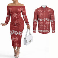 Red Hawaii Palm Tree Hibiscus Couples Matching Off The Shoulder Long Sleeve Dress and Long Sleeve Button Shirt Fantasy Summer Vibe LT01 Red - Polynesian Pride
