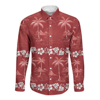 Red Hawaii Palm Tree Hibiscus Long Sleeve Button Shirt Fantasy Summer Vibe LT01 Unisex Red - Polynesian Pride
