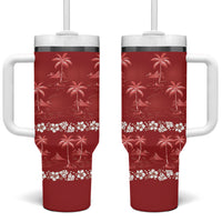 Red Hawaii Palm Tree Hibiscus Tumbler With Handle Fantasy Summer Vibe LT01 One Size: 40 oz Red - Polynesian Pride