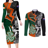 New Zealand and Ireland Rugby Couples Matching Long Sleeve Bodycon Dress and Long Sleeve Button Shirts Silver Fern With Shamrock 2023 World Cup LT01 Art - Polynesian Pride
