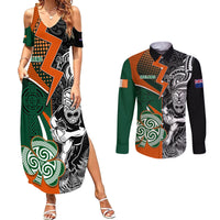 New Zealand and Ireland Rugby Couples Matching Summer Maxi Dress and Long Sleeve Button Shirts Silver Fern With Shamrock 2023 World Cup LT01 Art - Polynesian Pride