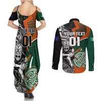 New Zealand and Ireland Rugby Couples Matching Summer Maxi Dress and Long Sleeve Button Shirts Silver Fern With Shamrock 2023 World Cup LT01 - Polynesian Pride