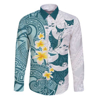 Maori Manta Ray Plumeria Teal Family Matching Long Sleeve Bodycon Dress and Hawaiian Shirt