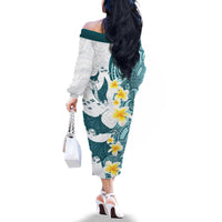 Maori Manta Ray Plumeria Teal Family Matching Off The Shoulder Long Sleeve Dress and Hawaiian Shirt