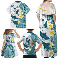 Maori Manta Ray Plumeria Teal Family Matching Off Shoulder Maxi Dress and Hawaiian Shirt