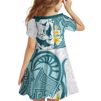 Maori Manta Ray Plumeria Teal Family Matching Off Shoulder Short Dress and Hawaiian Shirt