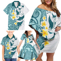 Maori Manta Ray Plumeria Teal Family Matching Off Shoulder Short Dress and Hawaiian Shirt
