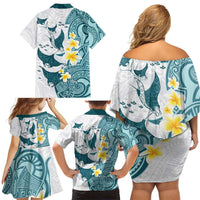 Maori Manta Ray Plumeria Teal Family Matching Off Shoulder Short Dress and Hawaiian Shirt