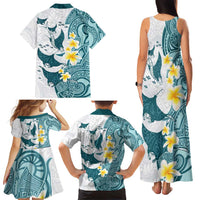 Maori Manta Ray Plumeria Teal Family Matching Tank Maxi Dress and Hawaiian Shirt