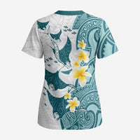 Maori Manta Ray Plumeria Teal Scrub Top - Polynesian Pride
