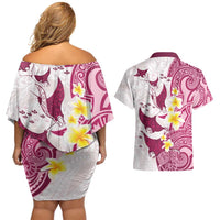 Maori Manta Ray Plumeria Royal Pink Couples Matching Off Shoulder Short Dress and Hawaiian Shirt