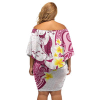 Maori Manta Ray Plumeria Royal Pink Family Matching Off Shoulder Short Dress and Hawaiian Shirt