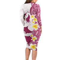 Maori Manta Ray Plumeria Royal Pink Long Sleeve Bodycon Dress