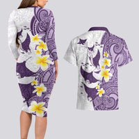Maori Manta Ray Plumeria Deep Purple Couples Matching Long Sleeve Bodycon Dress and Hawaiian Shirt
