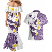 Maori Manta Ray Plumeria Deep Purple Couples Matching Mermaid Dress and Hawaiian Shirt