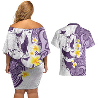 Maori Manta Ray Plumeria Deep Purple Couples Matching Off Shoulder Short Dress and Hawaiian Shirt
