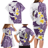 Maori Manta Ray Plumeria Deep Purple Family Matching Long Sleeve Bodycon Dress and Hawaiian Shirt